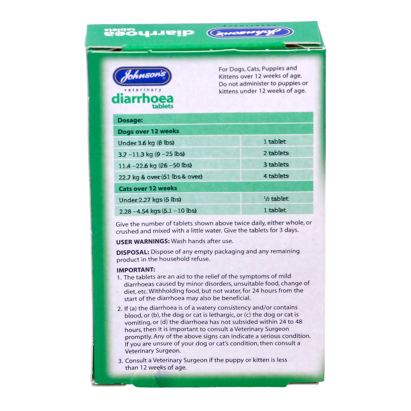 Johnson's Vet Diarrhoea Tablets for Cats & Dogs, 12 Tablets