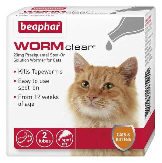 BEAPHAR WORMCLEAR FOR CATS WORMING SOLUTION SPOT ON TREATMENT 2 TUBES