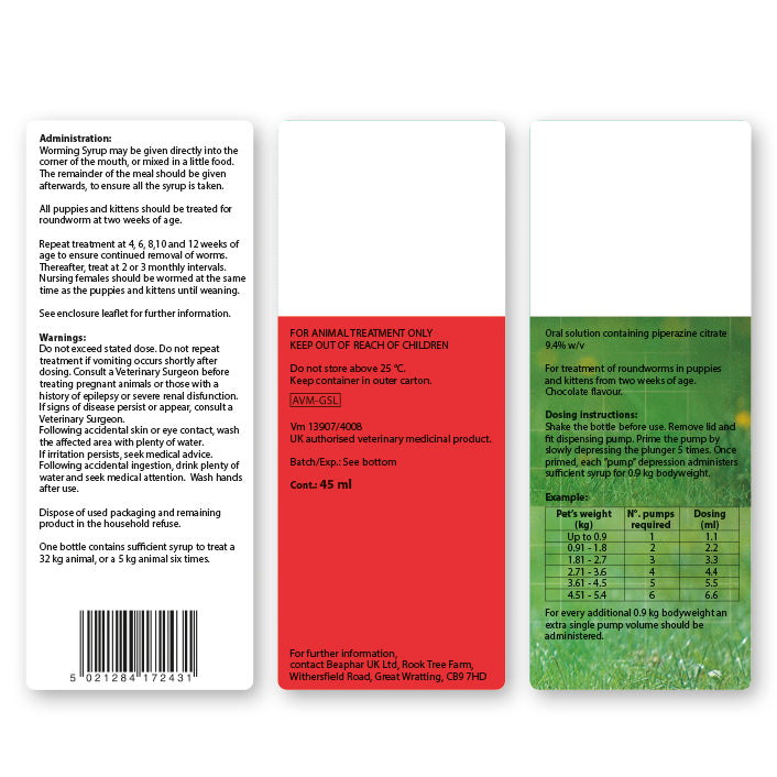 Beaphar Worming Syrup for Puppies Kittens - Treats Roundworms - 45ml