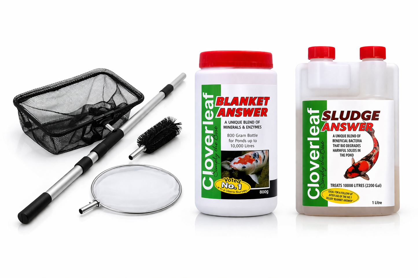 Aquacadabra Pond Blanket Weed Control Bundle, Cleaning Nets Brush & Sludge Treatment
