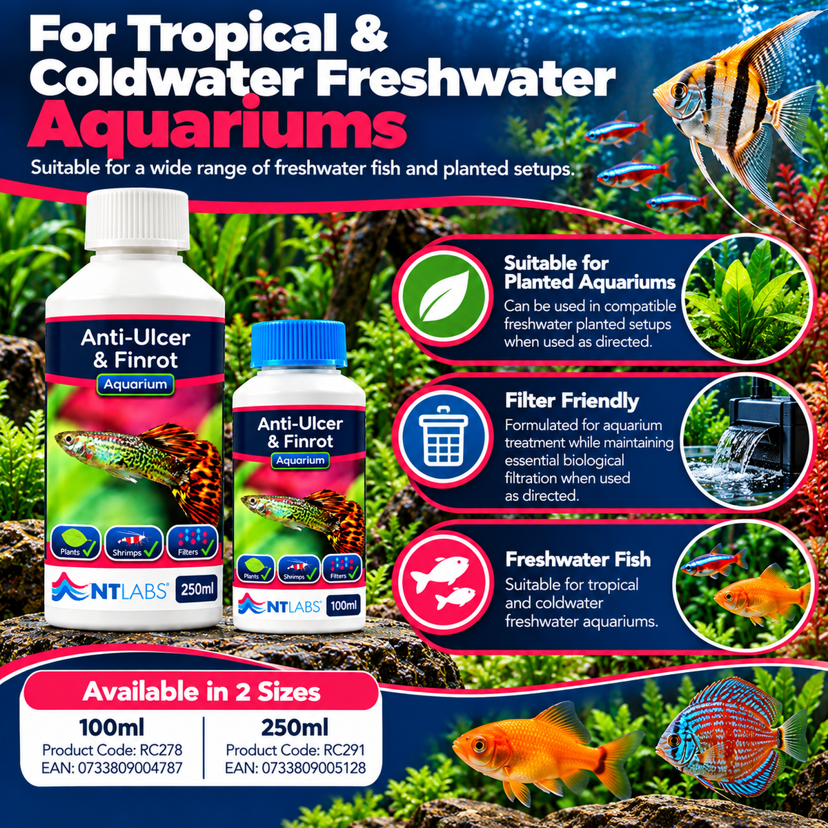 NT Labs Anti-Ulcer & Finrot Fish Treatment Bacterial Aquarium 100ml 250ml
