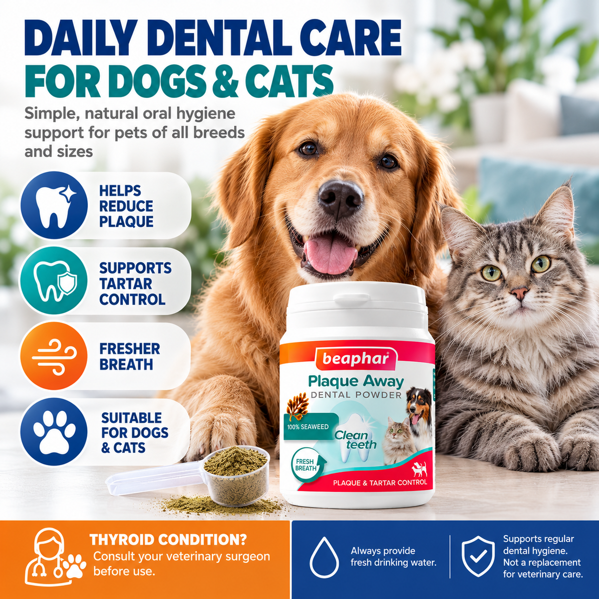 Beaphar Plaque Away Dental Powder 80g Dog Cat Teeth Tartar Fresh Breath