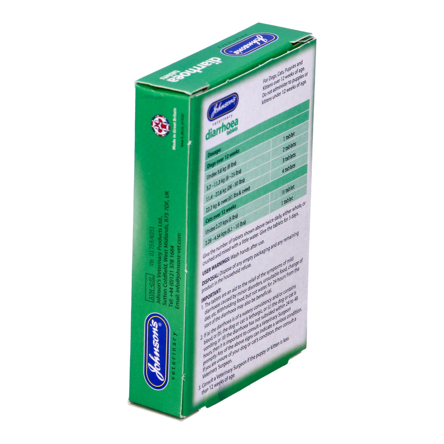 Johnson's Vet Diarrhoea Tablets for Cats & Dogs, 12 Tablets