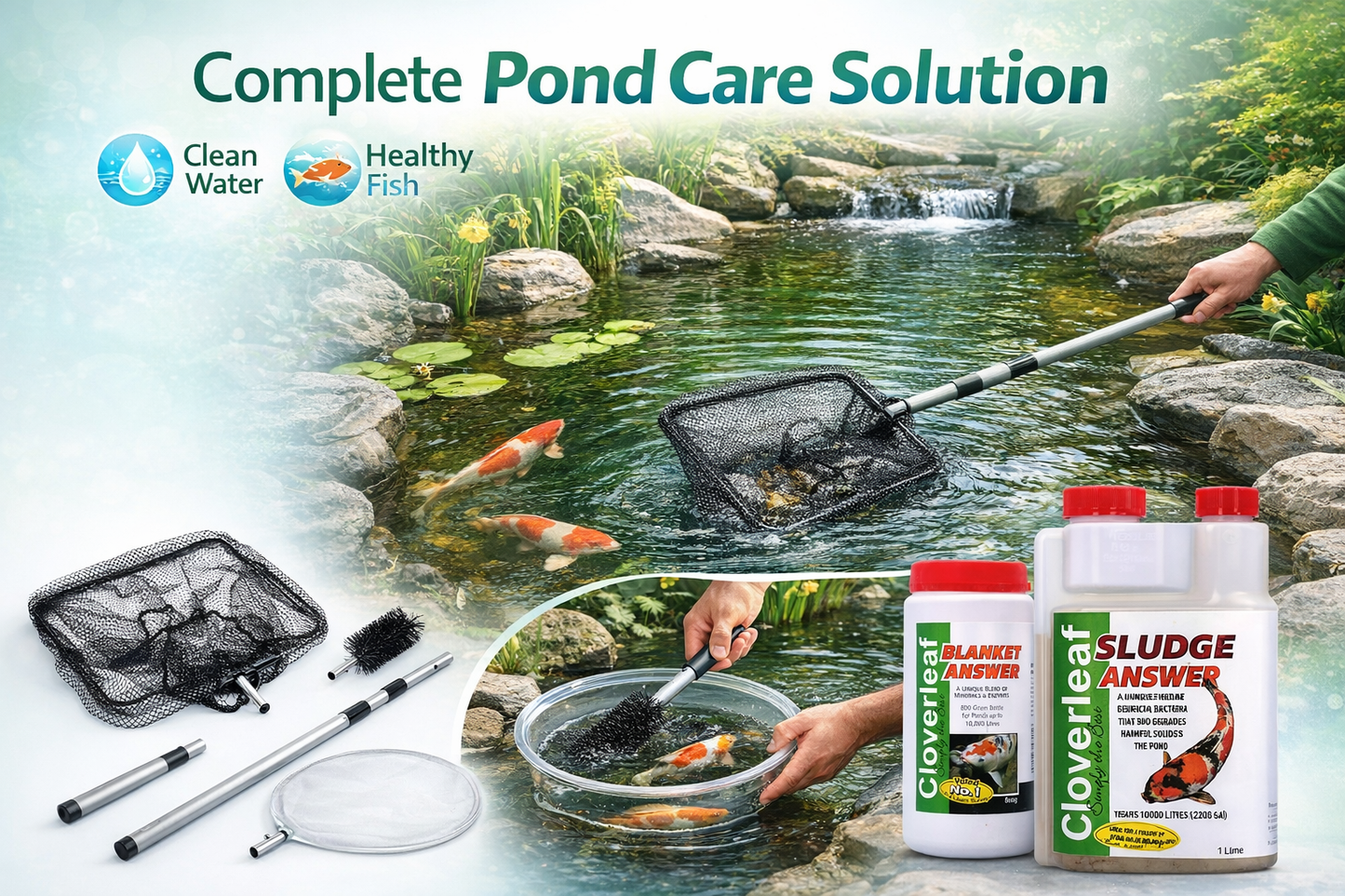 Aquacadabra Pond Blanket Weed Control Bundle, Cleaning Nets Brush & Sludge Treatment