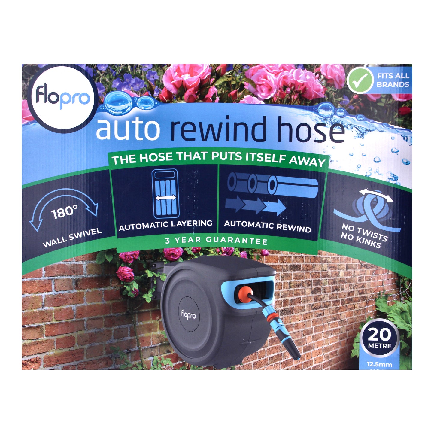 Flo Pro Automatic Wall Mounted Rewind Garden Hose Reel 20m
