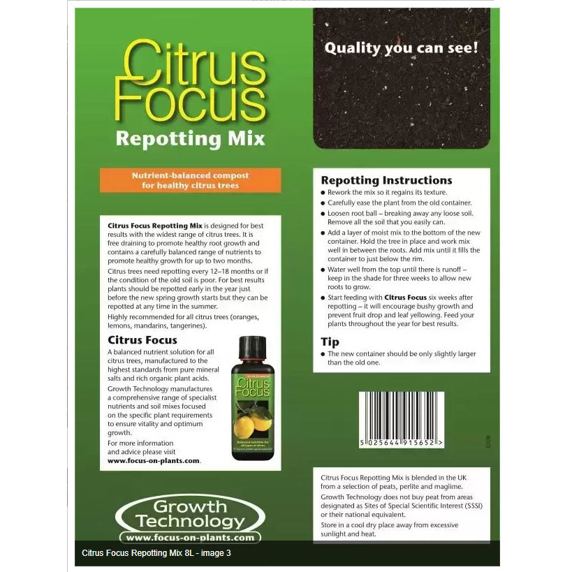 Growth Technology Citrus Focus Repotting Mix Peat Free 8L
