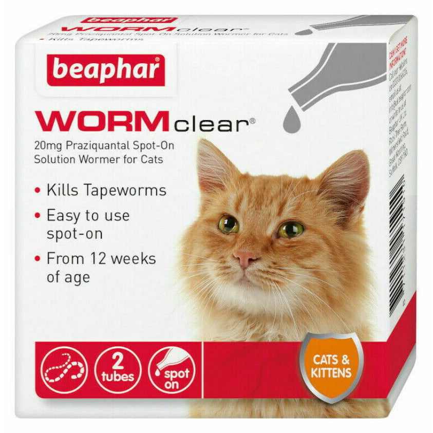 BEAPHAR WORMCLEAR FOR CATS WORMING SOLUTION SPOT ON TREATMENT 2 TUBES