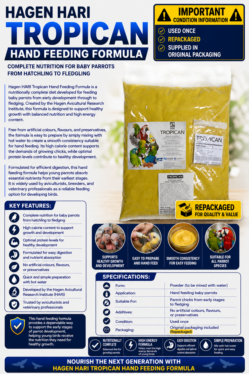 Hari Tropican Hand Feeding Formula 5kg Repackaged