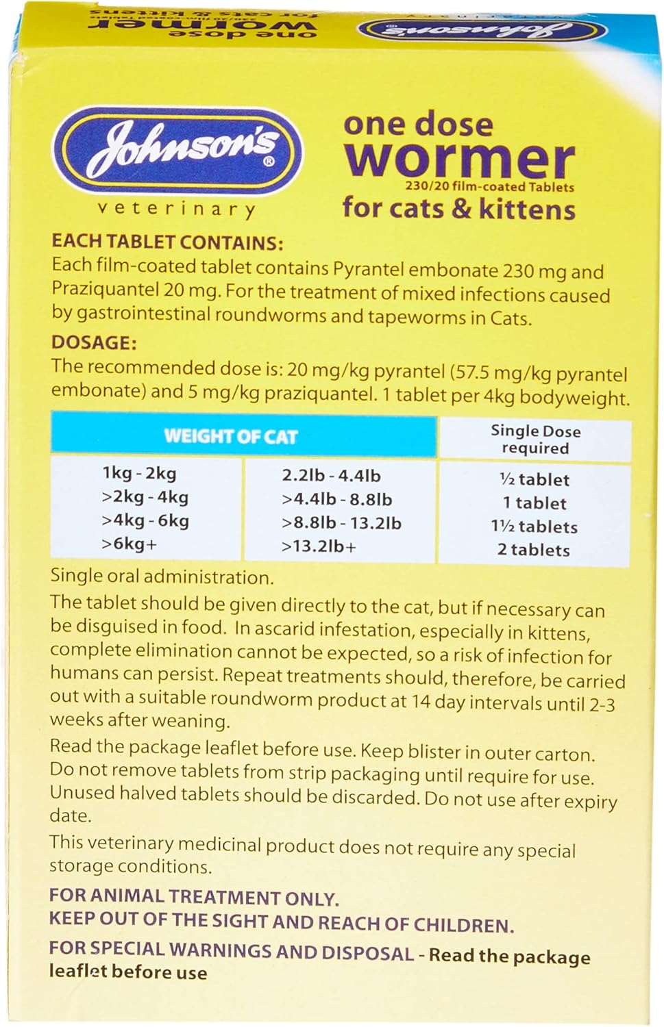 Johnsons One Dose Wormer for Cat and Kitten Worming Tablets Tapeworm & Roundworm