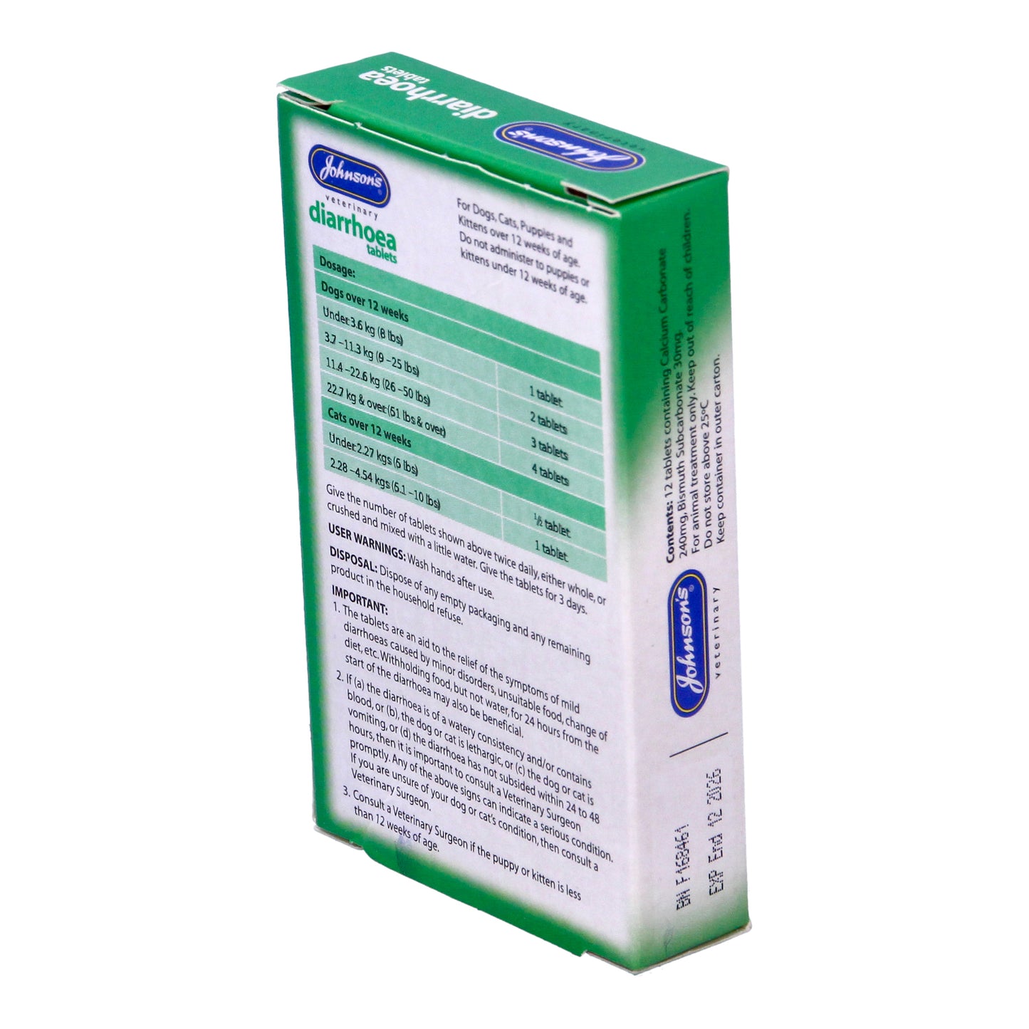 Johnson's Vet Diarrhoea Tablets for Cats & Dogs, 12 Tablets