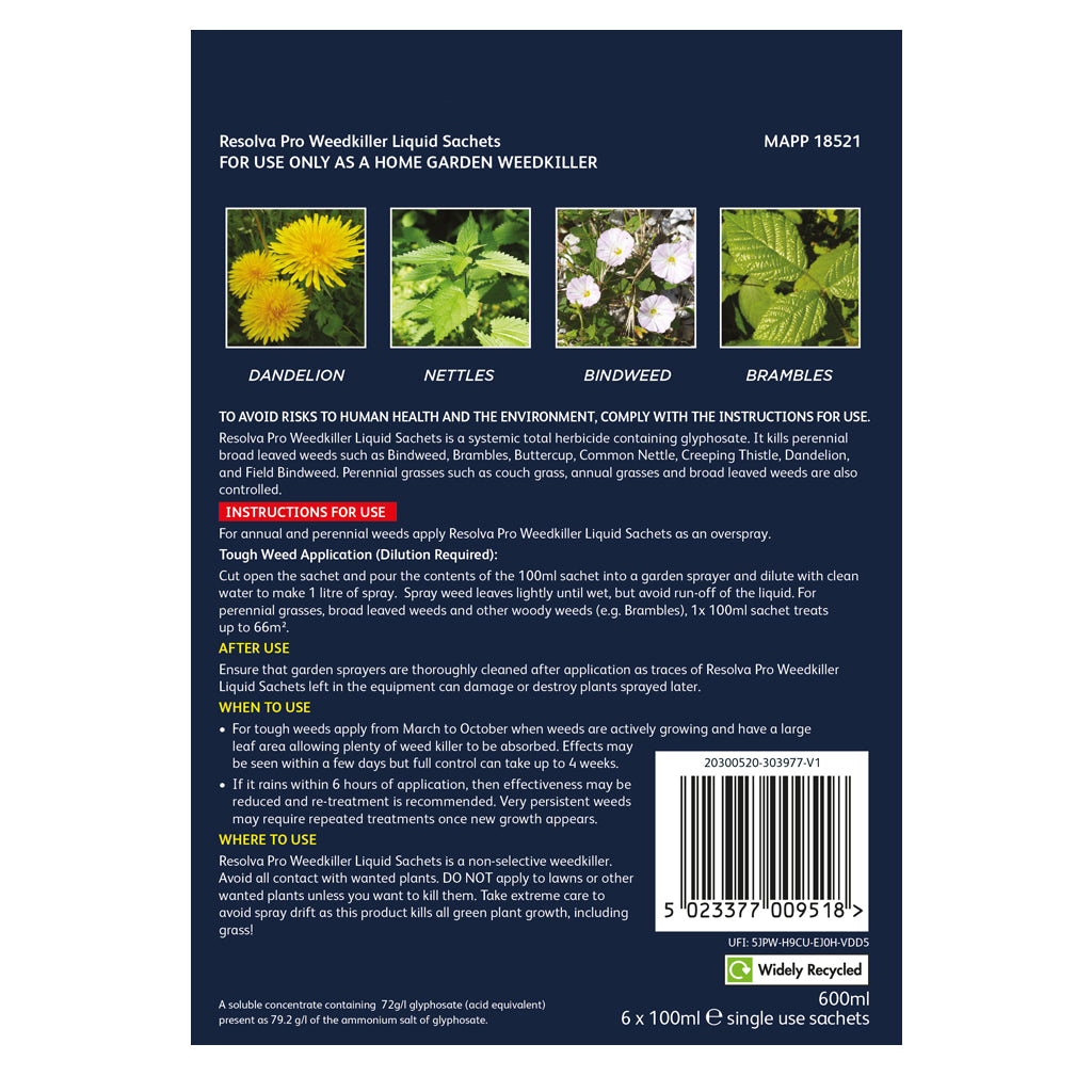 Resolva Pro Weedkiller Liquid Sachets Xtra Tough 6 x 100ml