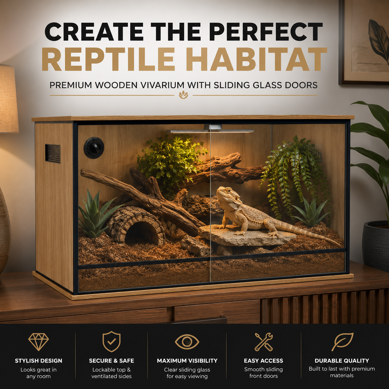 ProRep Vivarium 4×2×2ft Spacious Reptile Enclosure with Sliding Doors & Side Vents | Oak, Grey or Black