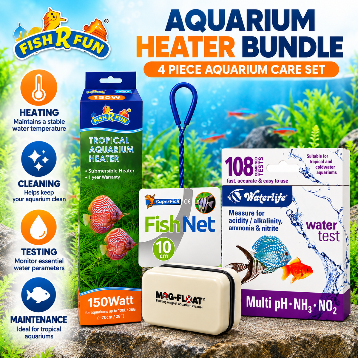 Fish R Fun 150W Aquarium Heater Bundle – 4 Piece Aquarium Care Set