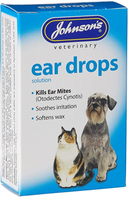 Johnsons Dog Cat Ear Drops Soothes Itching Wax Infection Kills Mites - 15ml