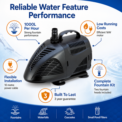 Bermuda 1000 Fountain Waterfall Pond Pump 1000 LPH Water Pump