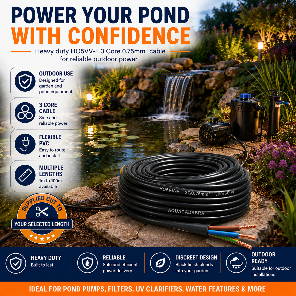 Aquacadabra Heavy Duty Black 3-Core PVC HO5VV-F Garden Cable