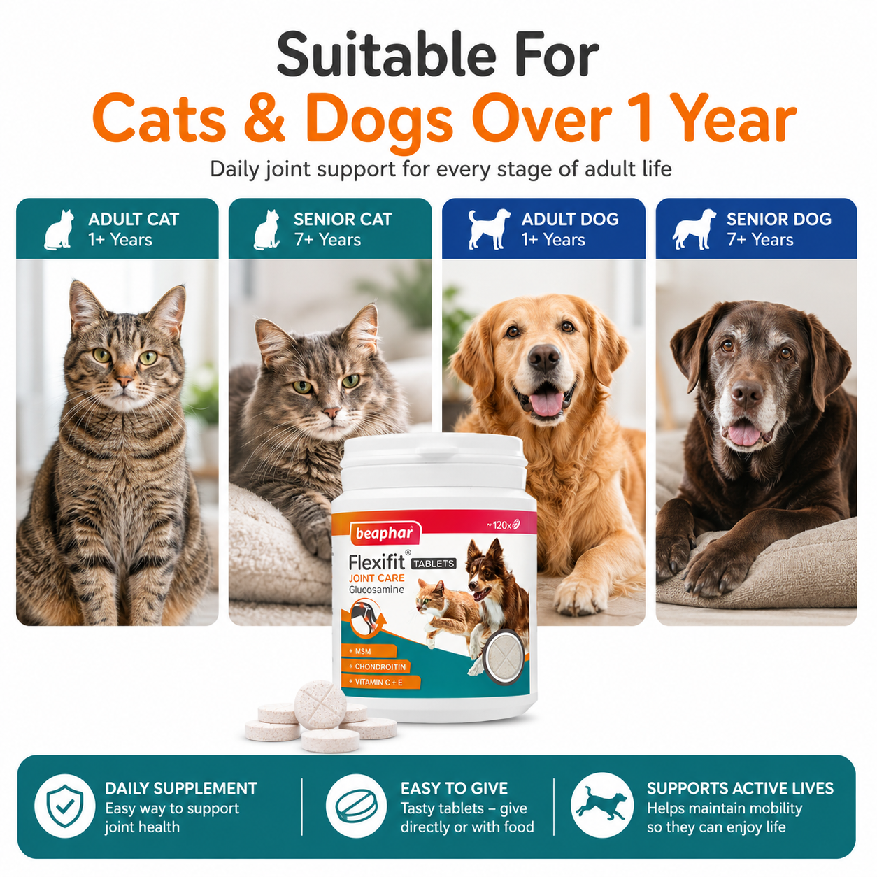 Beaphar Flexifit Glucosamine Joint Care Tablets for Cats & Dogs 120 Tablets