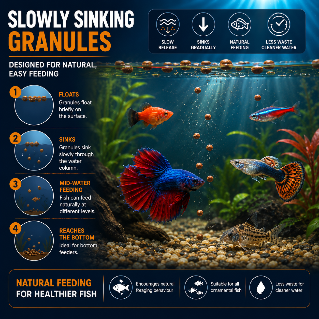 Aquacadabra Complete Ornamental Fish Food Sinking Granules Tropical Aquarium