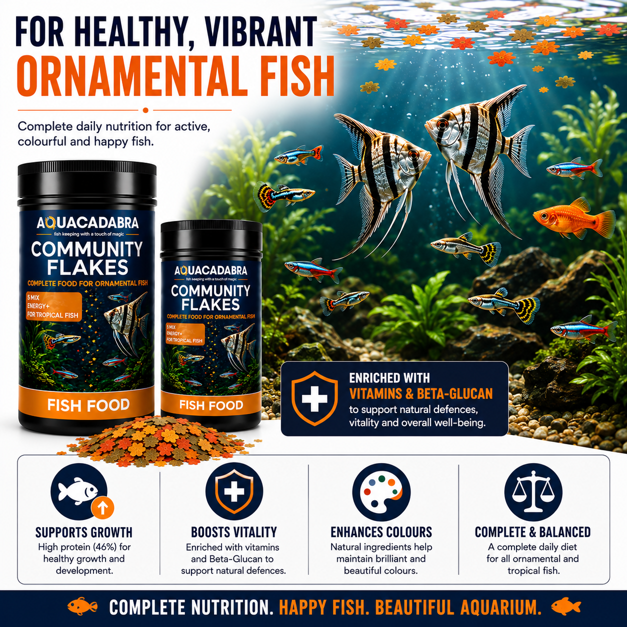 Aquacadabra Complete Ornamental Fish Food Floating Flakes Tropical Aquarium