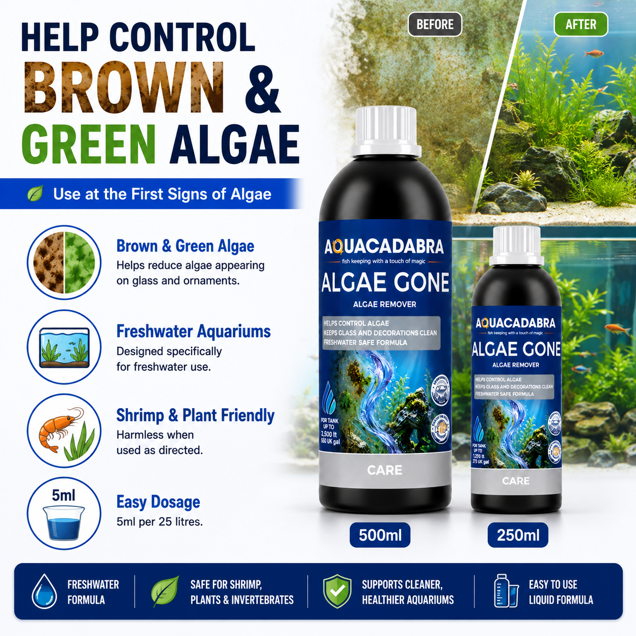 Aquacadabra Algae Gone Freshwater Aquarium Green Brown Algae Treatment 250ml 500