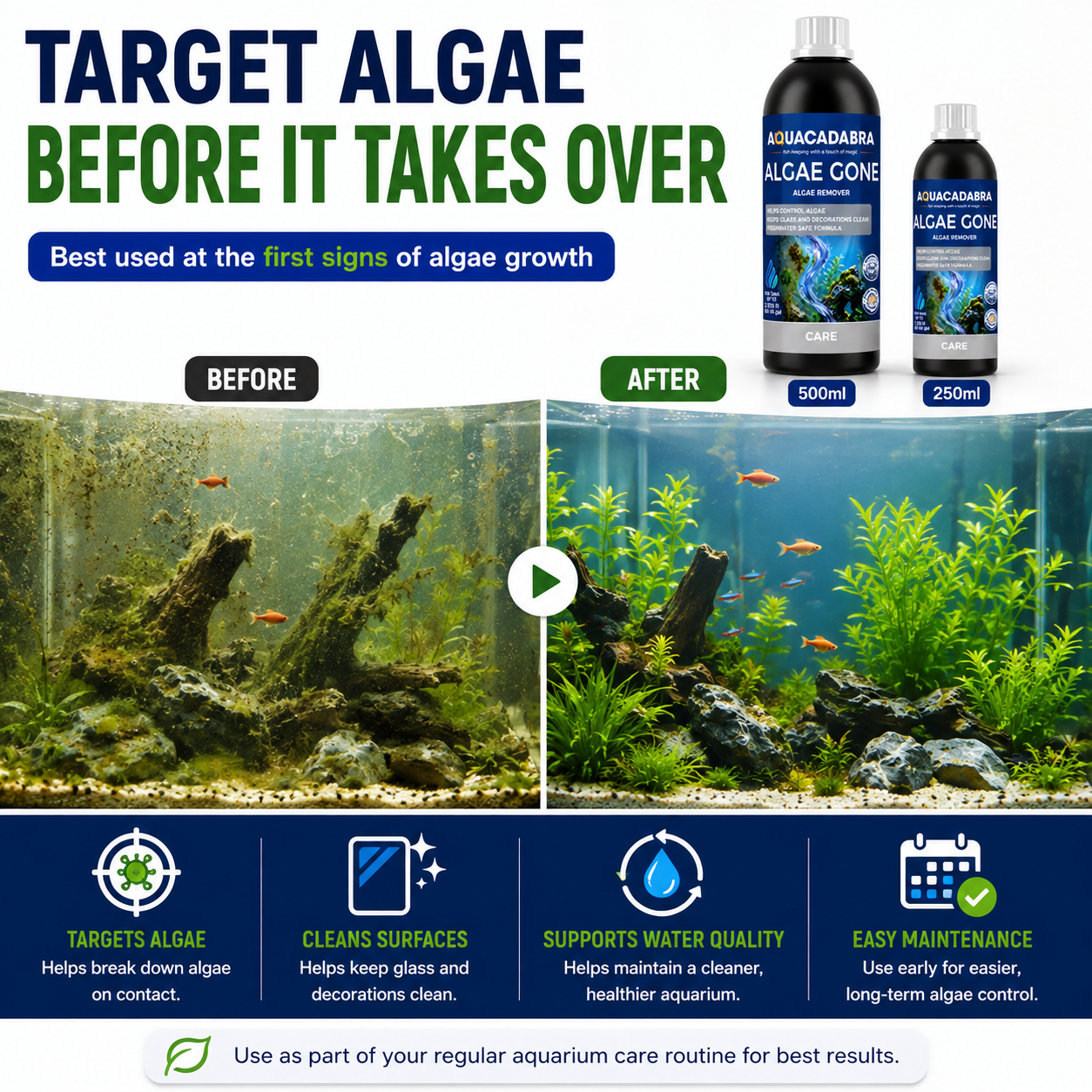 Aquacadabra Algae Gone Freshwater Aquarium Green Brown Algae Treatment 250ml 500
