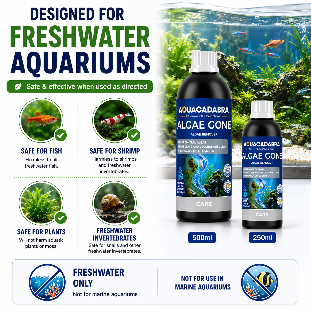 Aquacadabra Algae Gone Freshwater Aquarium Green Brown Algae Treatment 250ml 500