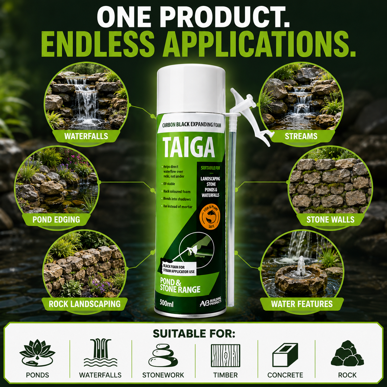 Taiga Black PU Expanding Foam 500ml - Hand Held