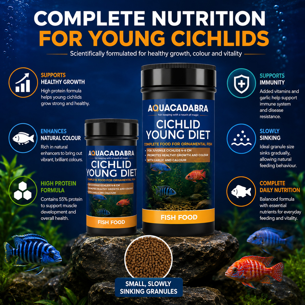 Aquacadabra Cichlid Young Diet Fish Food Sinking Granules 55% Protein 120g 480g