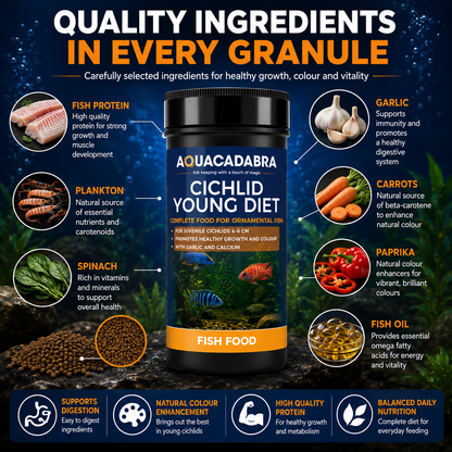 Aquacadabra Cichlid Young Diet Fish Food Sinking Granules 55% Protein 120g 480g