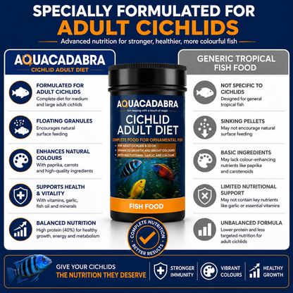 Aquacadabra Cichlid Adult Diet Fish Food Floating Granules 40% Protein 90g 360g