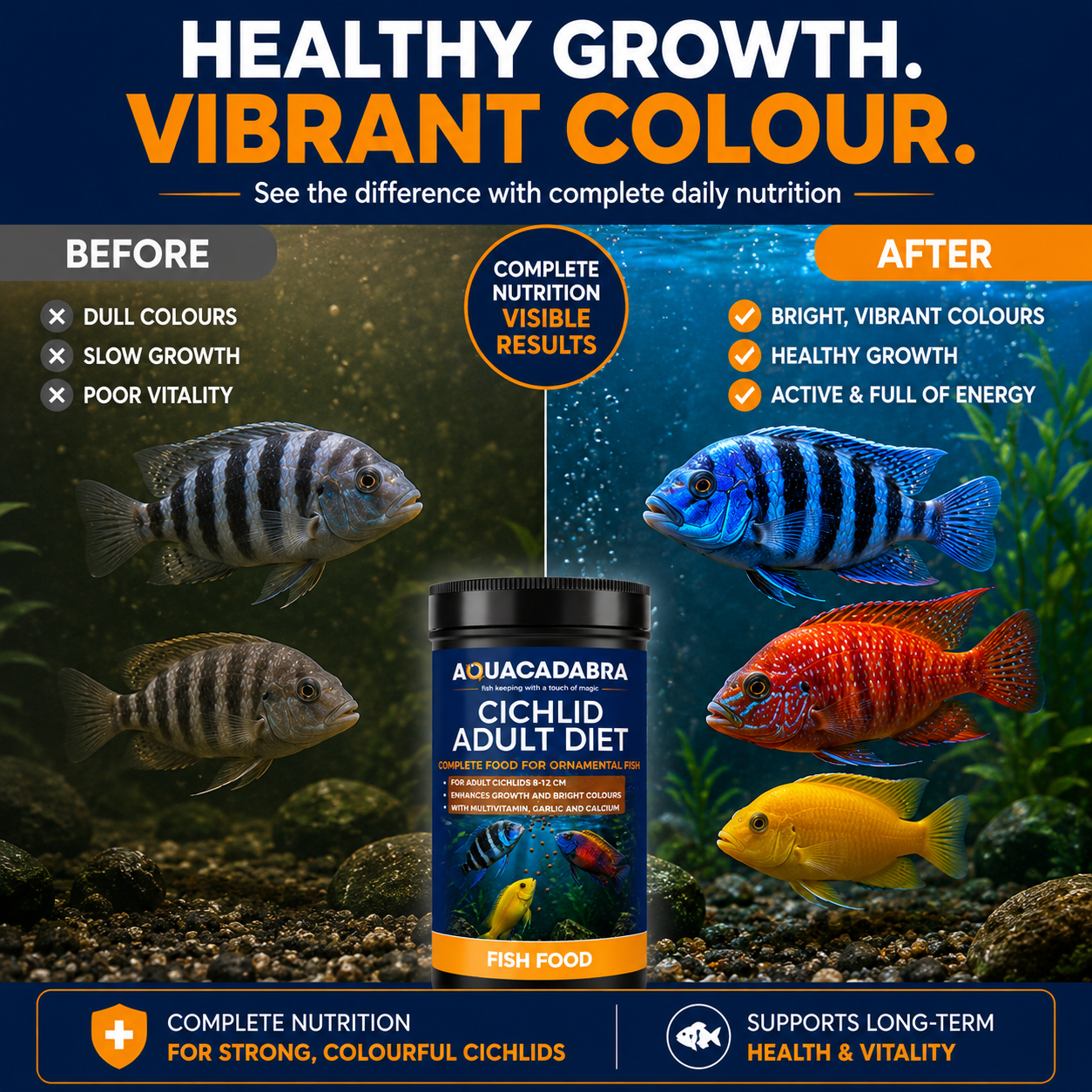 Aquacadabra Cichlid Adult Diet Fish Food Floating Granules 40% Protein 90g 360g