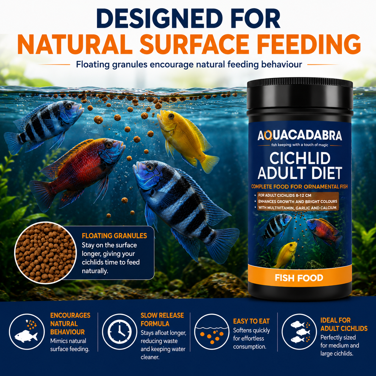 Aquacadabra Cichlid Adult Diet Fish Food Floating Granules 40% Protein 90g 360g
