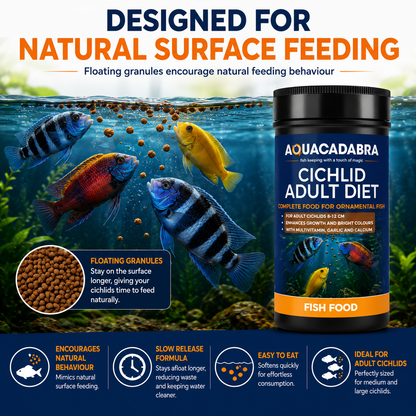 Aquacadabra Cichlid Adult Diet Fish Food Floating Granules 40% Protein 90g 360g