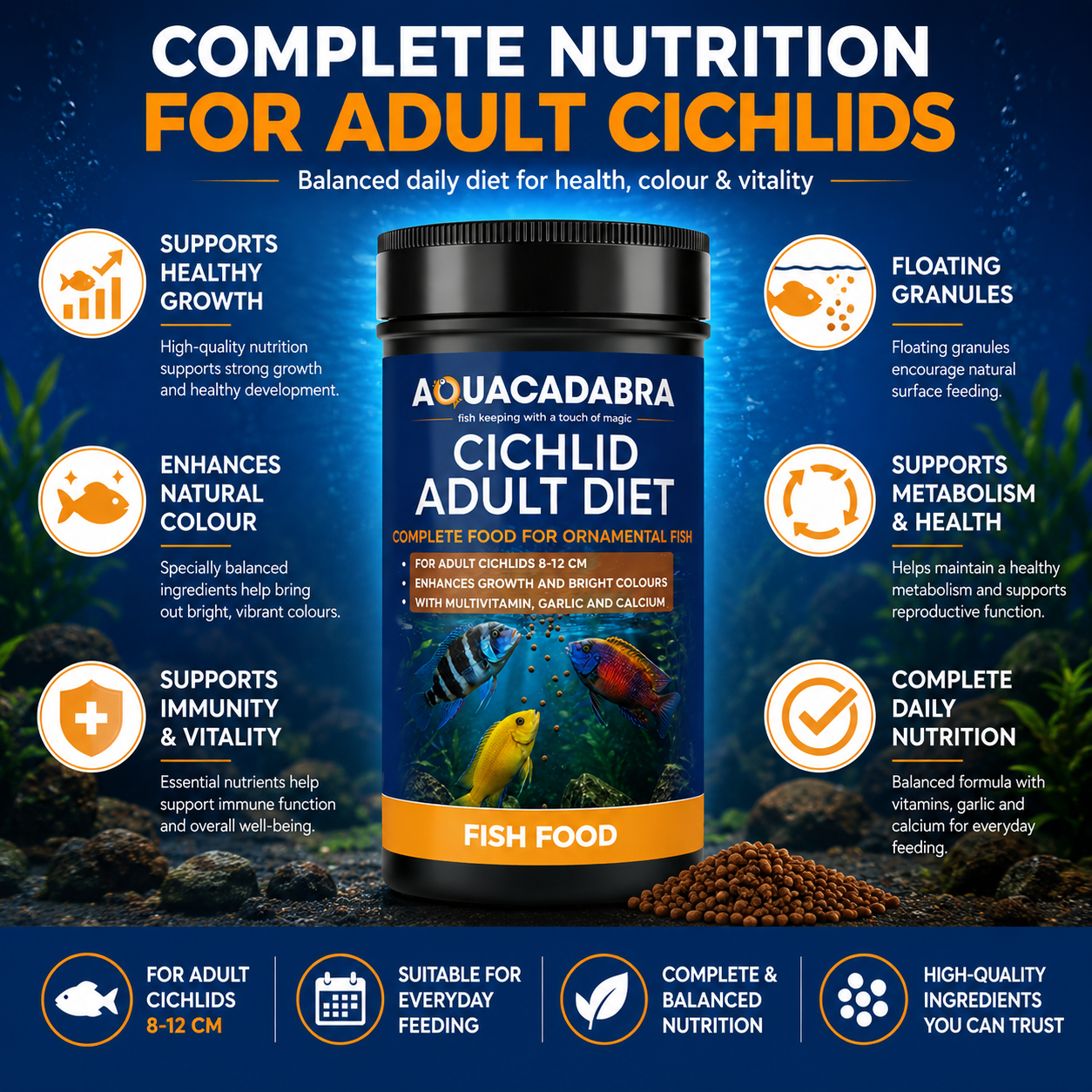 Aquacadabra Cichlid Adult Diet Fish Food Floating Granules 40% Protein 90g 360g