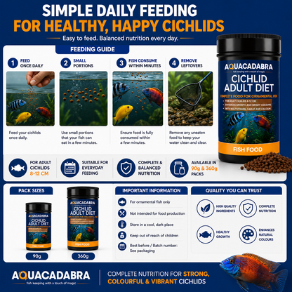 Aquacadabra Cichlid Adult Diet Fish Food Floating Granules 40% Protein 90g 360g
