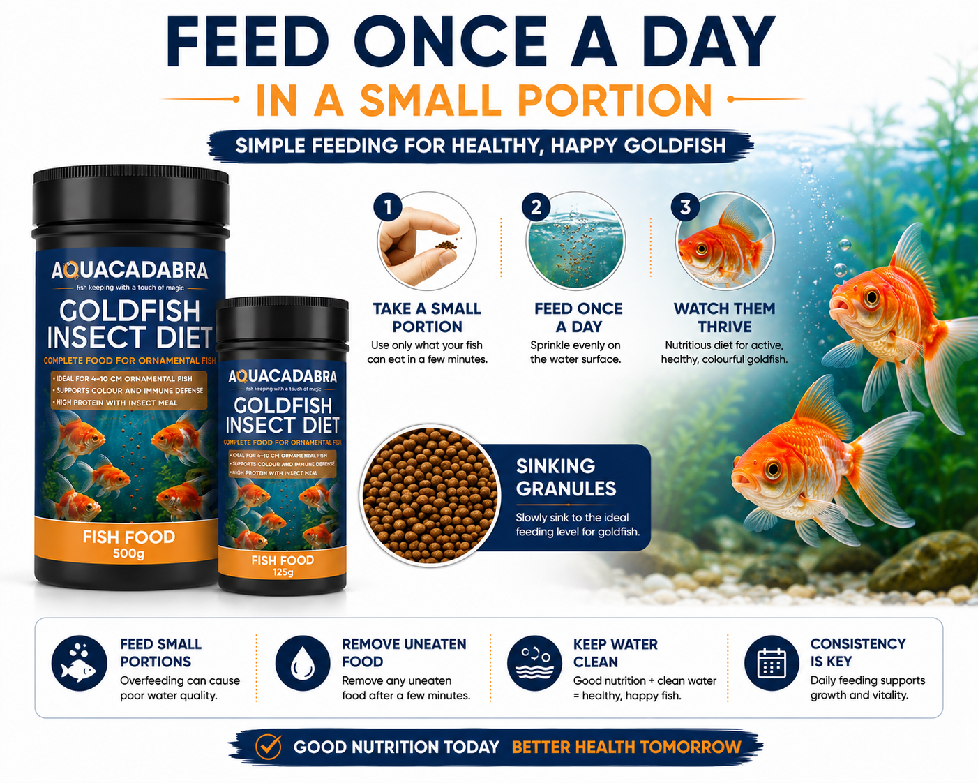 Aquacadabra Goldfish Insect Diet Sinking Granules Fish Food 125g 500g
