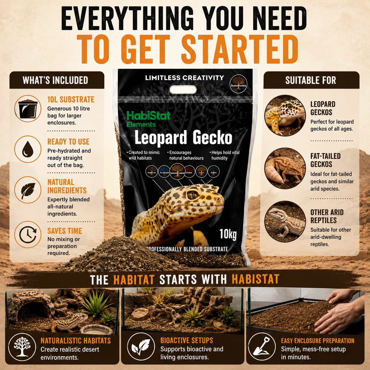 HabiStat 10L Natural Reptile Substrate Spider & Leopard Gecko Bedding