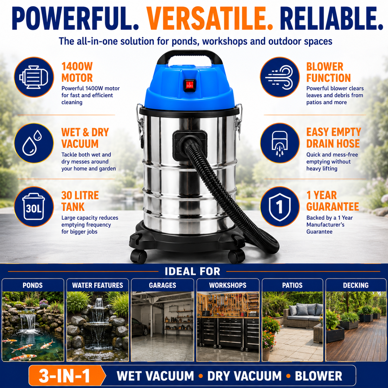 Bermuda Pondi 3-in-1 Pond Vacuum, 1400W, 30L Tank