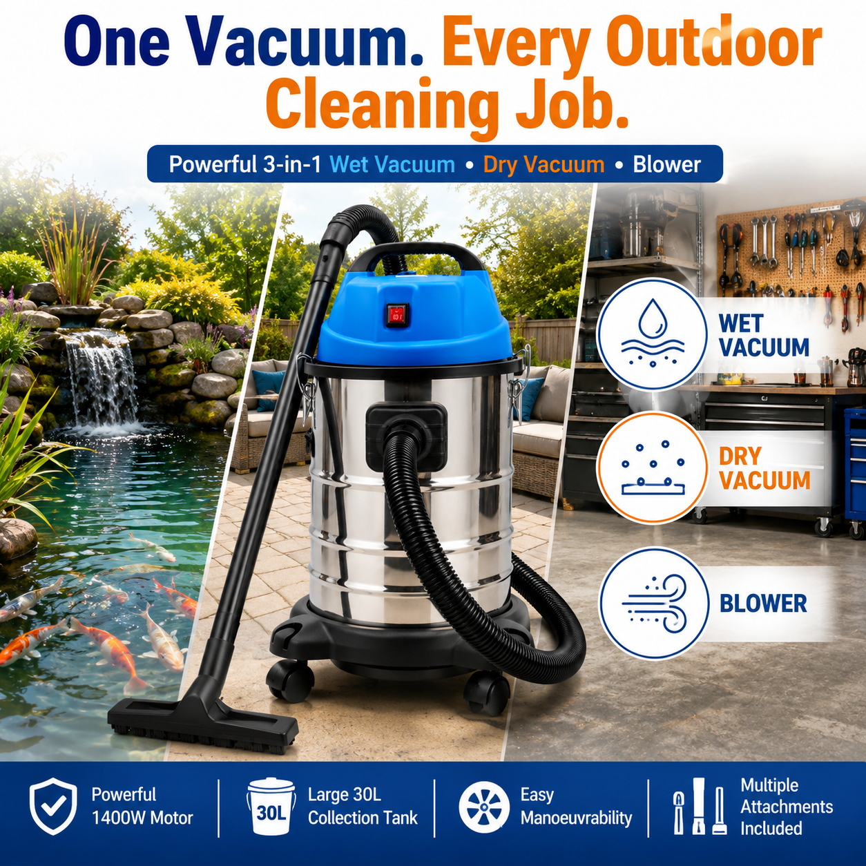 Bermuda Pondi 3-in-1 Pond Vacuum, 1400W, 30L Tank