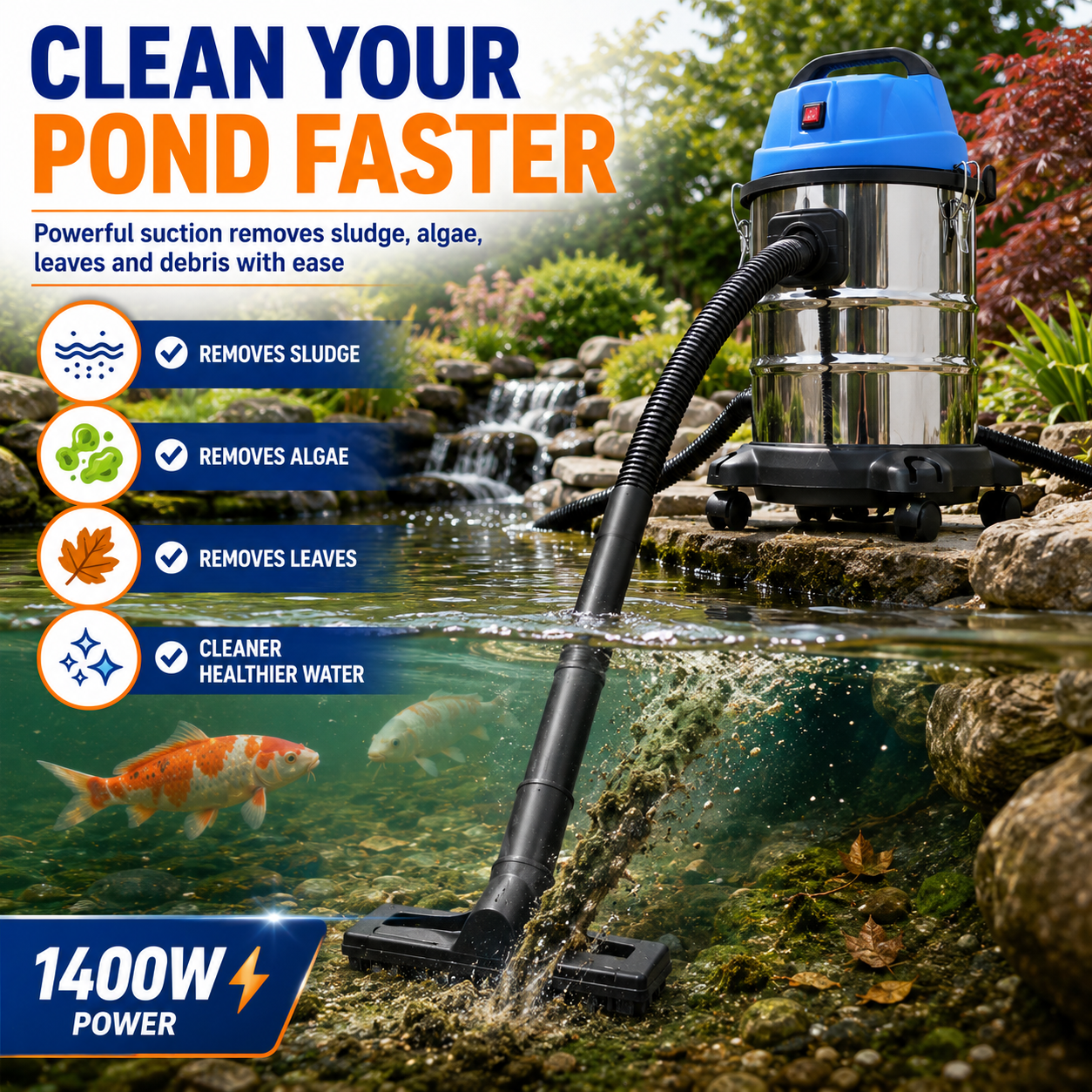 Bermuda Pondi 3-in-1 Pond Vacuum, 1400W, 30L Tank