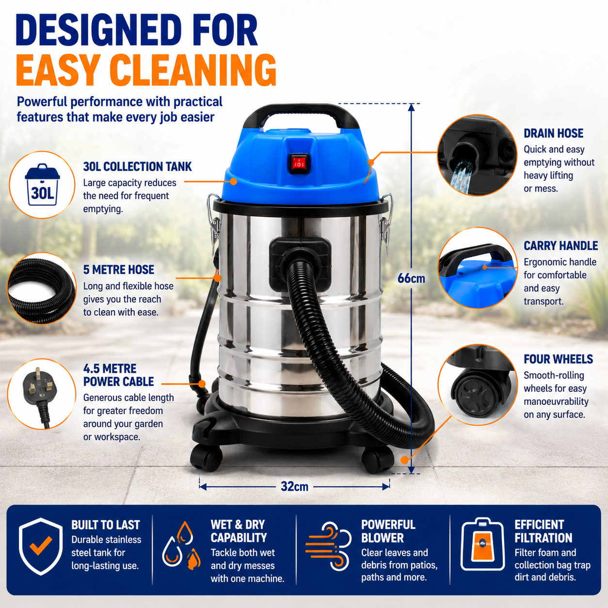 Bermuda Pondi 3-in-1 Pond Vacuum, 1400W, 30L Tank
