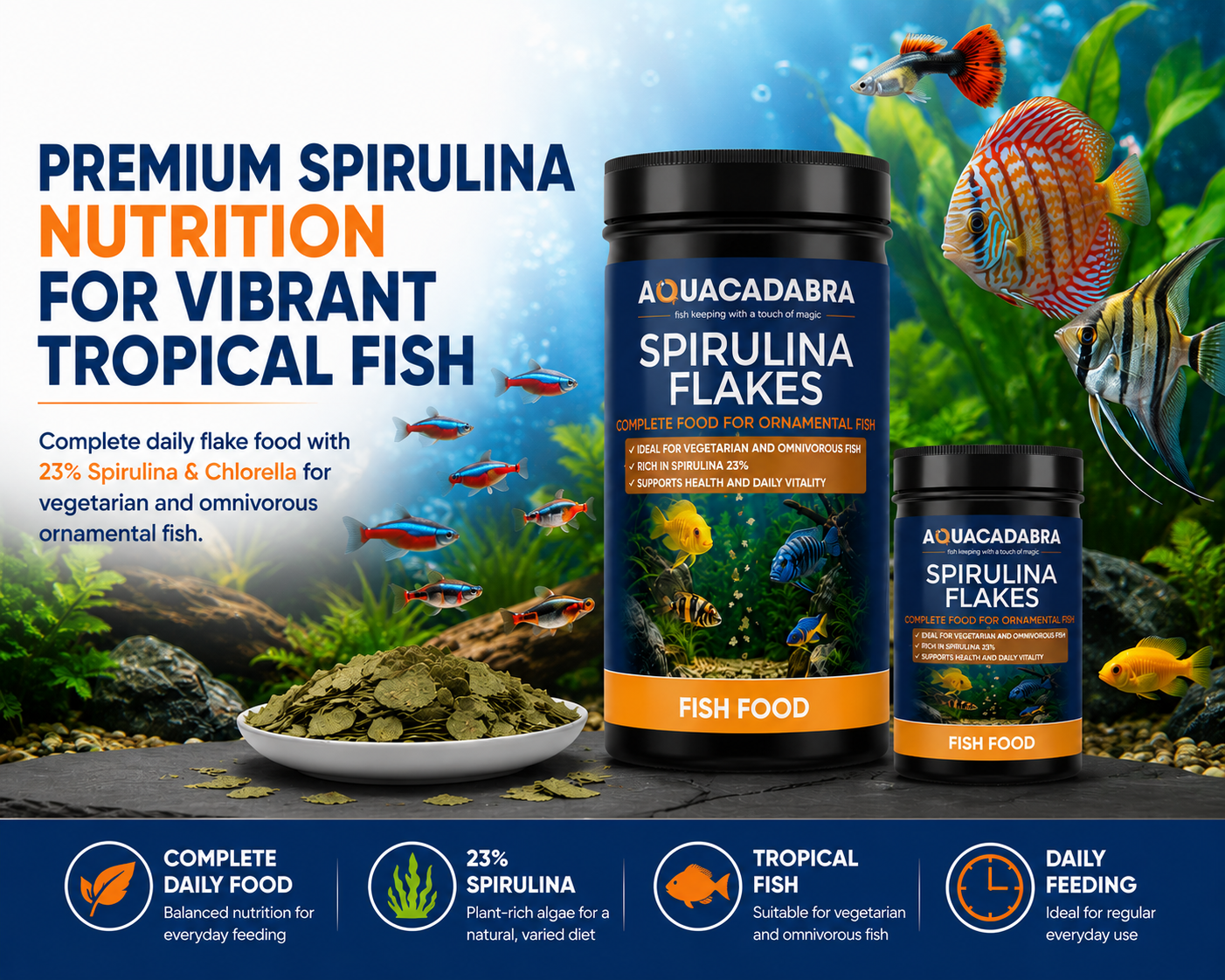 Aquacadabra Spirulina Flakes Fish Food 48% Protein Tropical Aquarium Fish