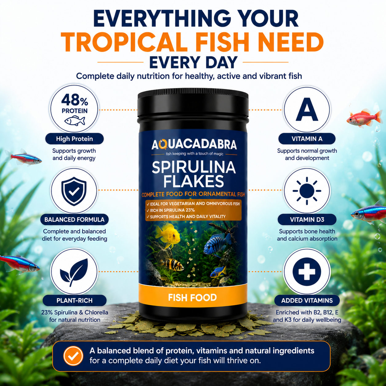 Aquacadabra Spirulina Flakes Fish Food 48% Protein Tropical Aquarium Fish