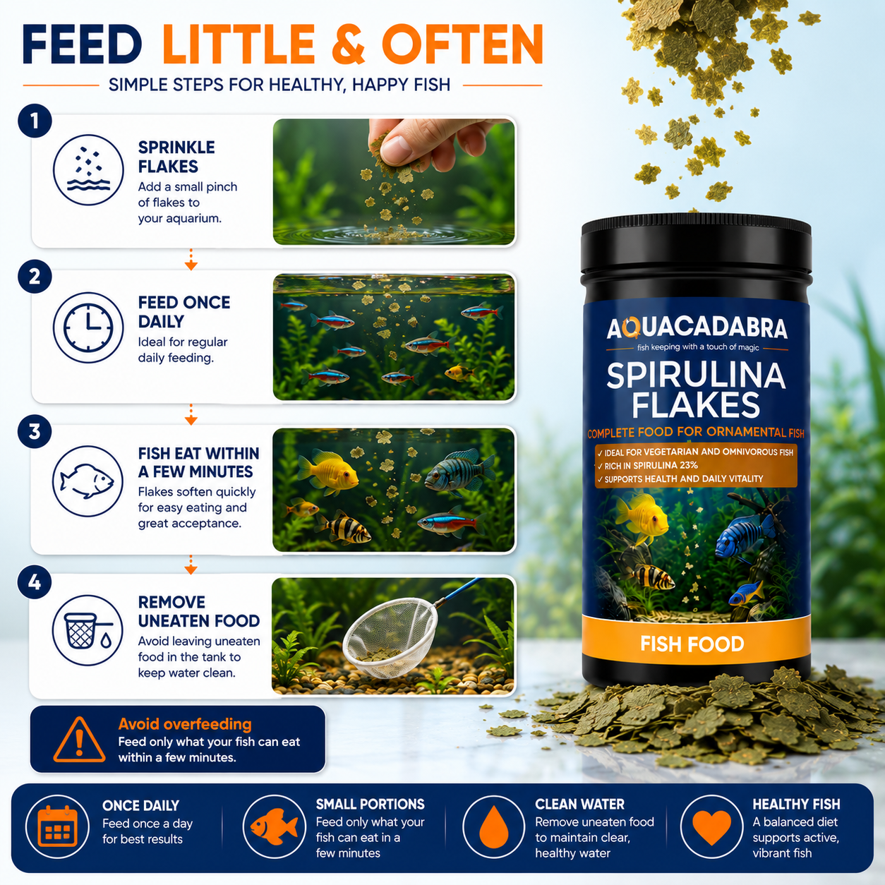 Aquacadabra Spirulina Flakes Fish Food 48% Protein Tropical Aquarium Fish