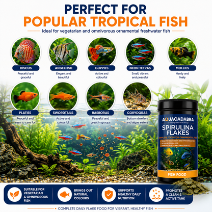 Aquacadabra Spirulina Flakes Fish Food 48% Protein Tropical Aquarium Fish