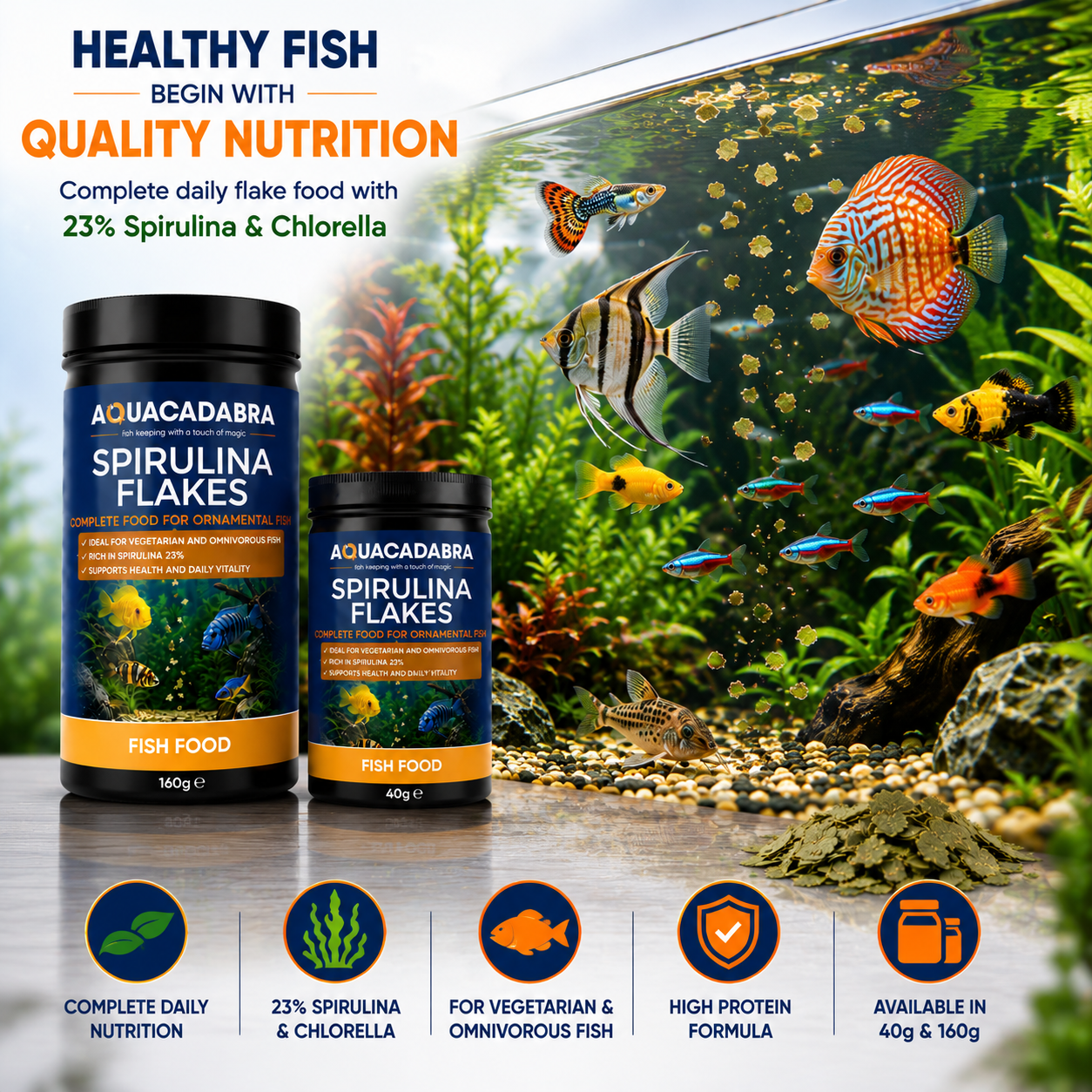 Aquacadabra Spirulina Flakes Fish Food 48% Protein Tropical Aquarium Fish