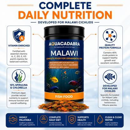 Aquacadabra Malawi Cichlid Fish Food Flakes Spirulina Chlorella Mbuna