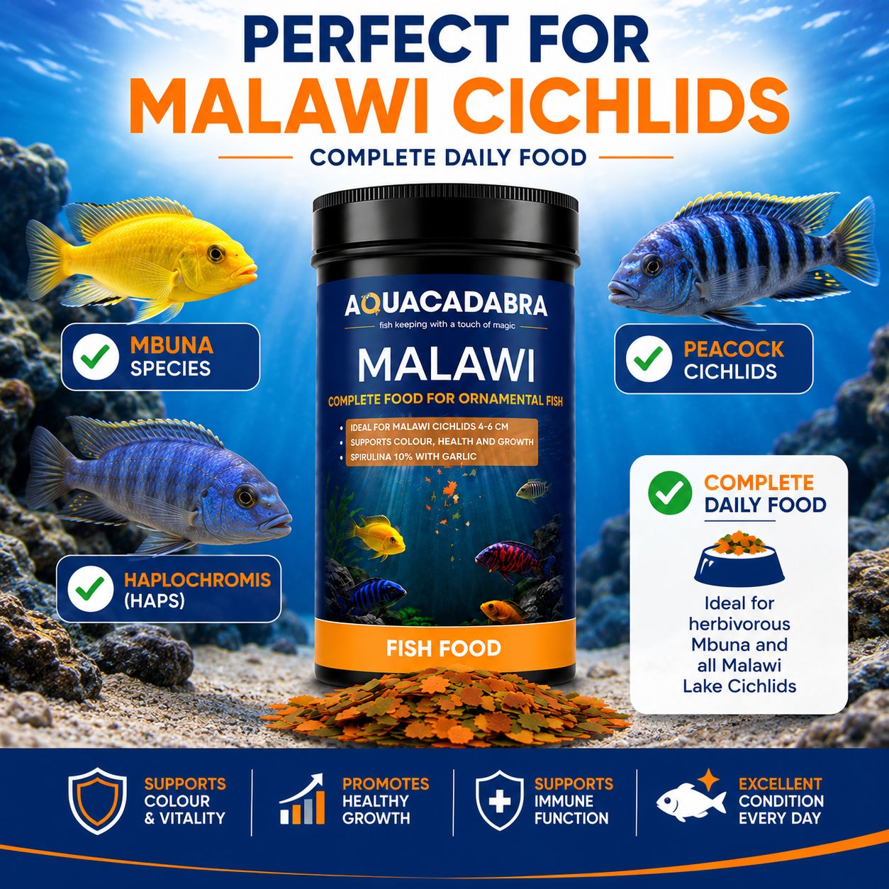 Aquacadabra Malawi Cichlid Fish Food Flakes Spirulina Chlorella Mbuna
