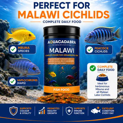 Aquacadabra Malawi Cichlid Fish Food Flakes Spirulina Chlorella Mbuna