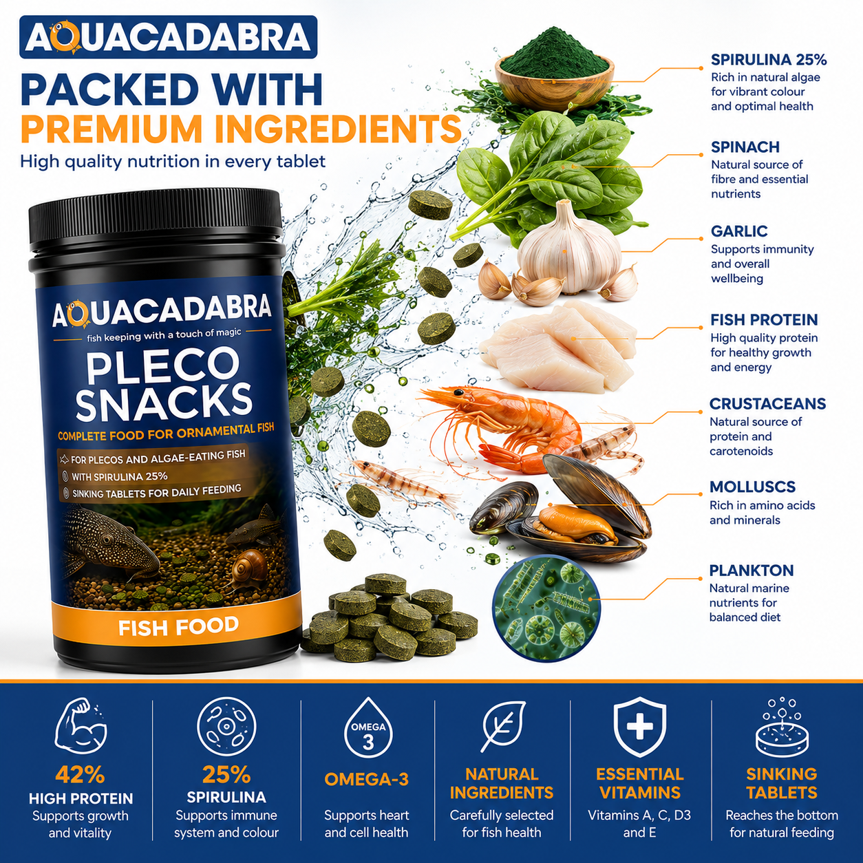 Aquacadabra Pleco Gourmet Sinking Tablets Fish Food Spirulina Algae Eaters